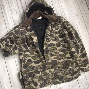 Vintage Carhartt Hunting Jacket Button Front Camo Print Mens Small Medium Hooded